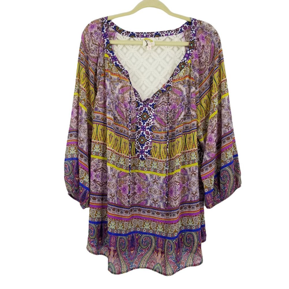 Fig and Flower Paisley Floral Sheer Boho Peasant Blouse